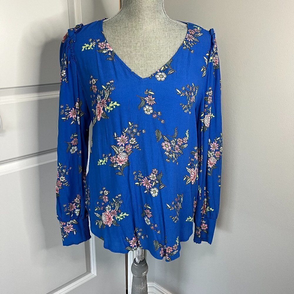 Loft Blue Floral Ruffle Sleeve V Neck Blouse NWOT